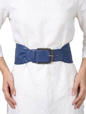 Vintage Wide Blue Leather Cinch Belt Corset Waist Twisted Antique Silver Buckle